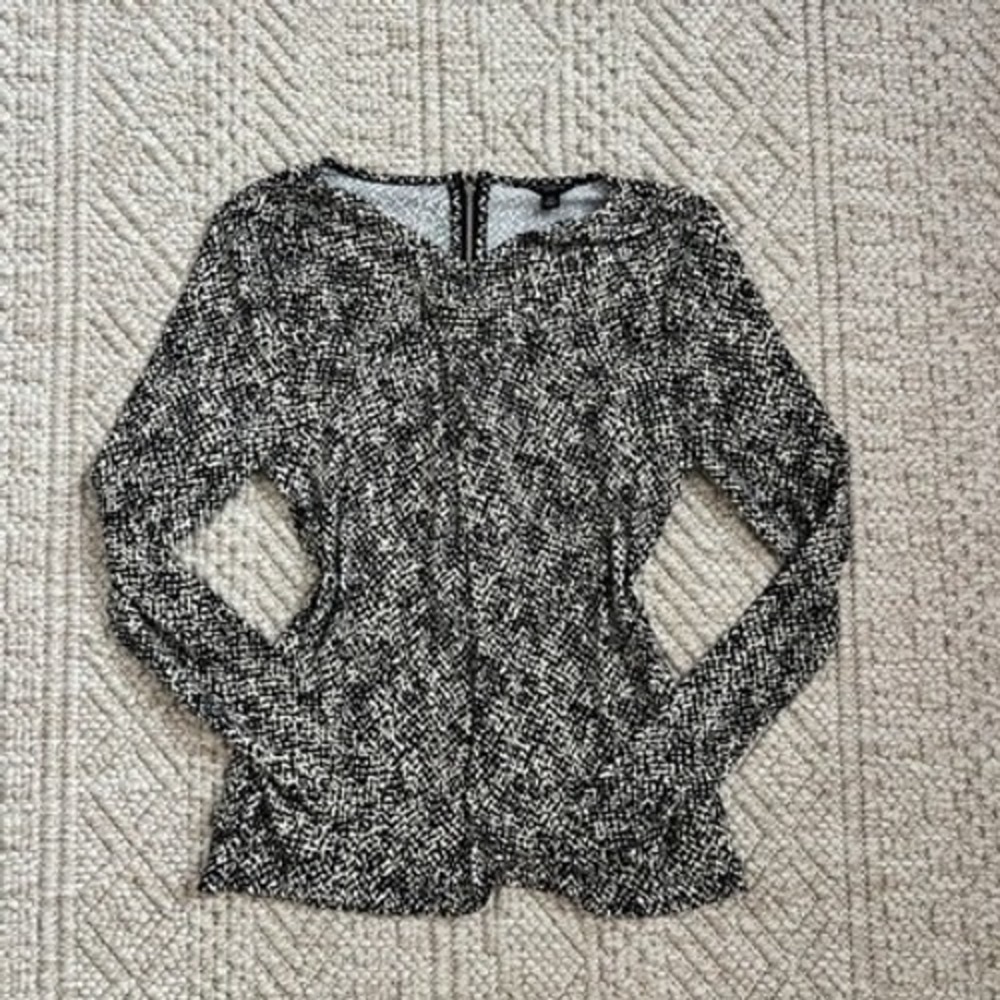 Ann Taylor Petite Black White Abstract Print Wrap Front Long Sleeve Blouse LP